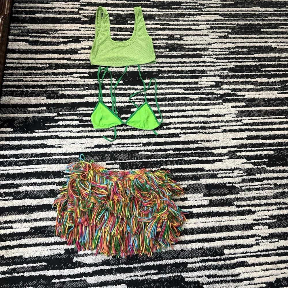 Vibrant Green Bikini with Colorful Fringe Skirt